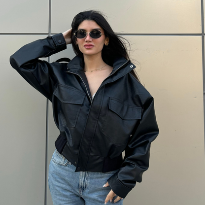 Collared Oversized Black Leather Jacket