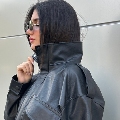 Collared Oversized Black Leather Jacket