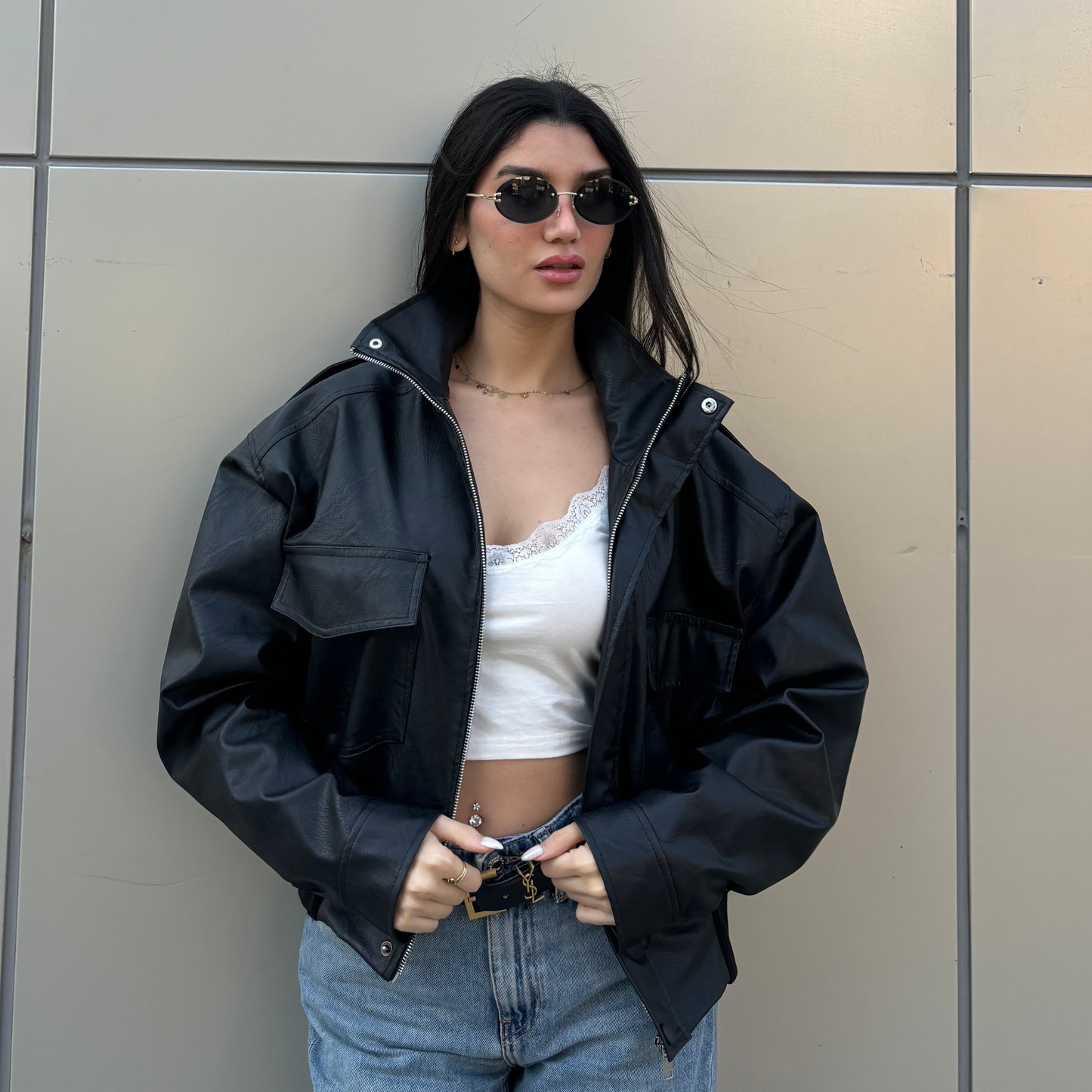 Collared Oversized Black Leather Jacket