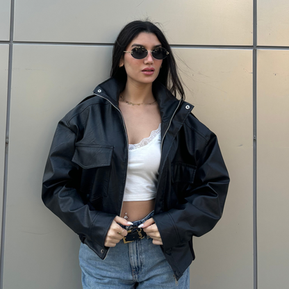 Collared Oversized Black Leather Jacket