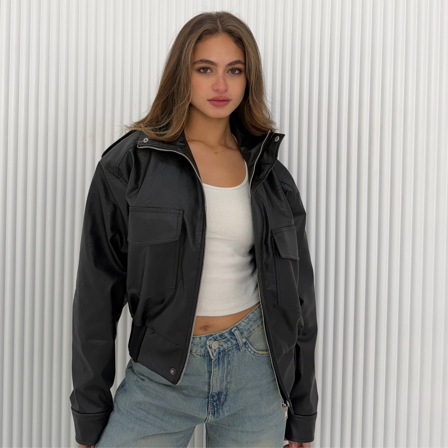 Collared Oversized Black Leather Jacket