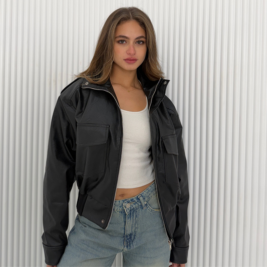 Collared Oversized Black Leather Jacket