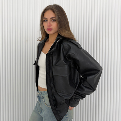 Collared Oversized Black Leather Jacket