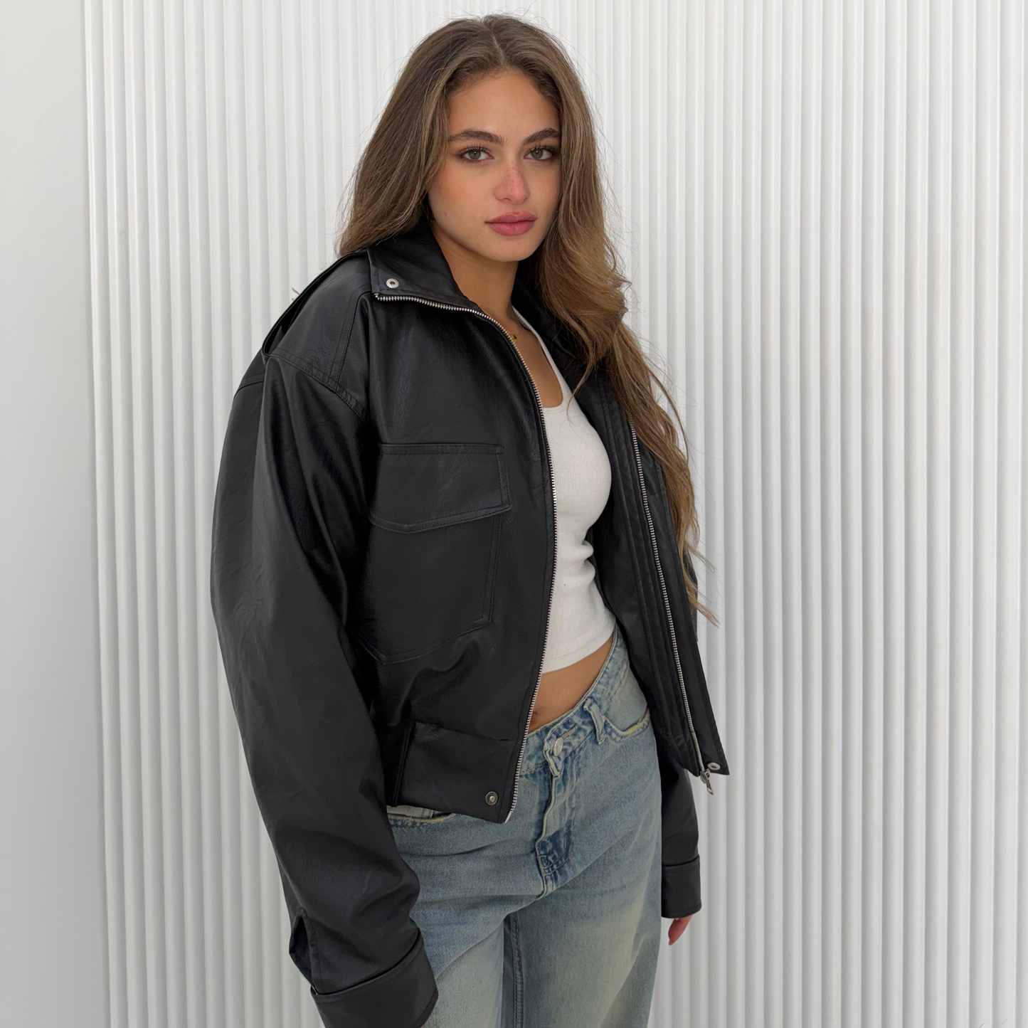 Collared Oversized Black Leather Jacket