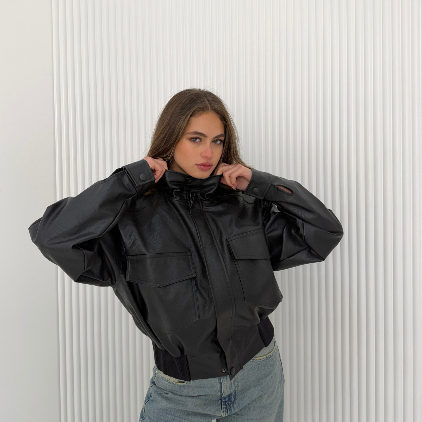 Collared Oversized Black Leather Jacket