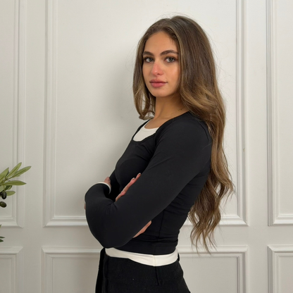 Black Long Sleeve Top with White Neckline