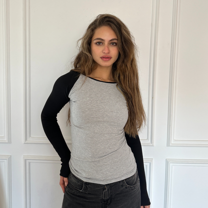 Raglan long sleeve top in grey and black