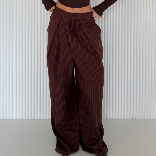 Brown Pinstripe Wide-Leg Tailored Pants