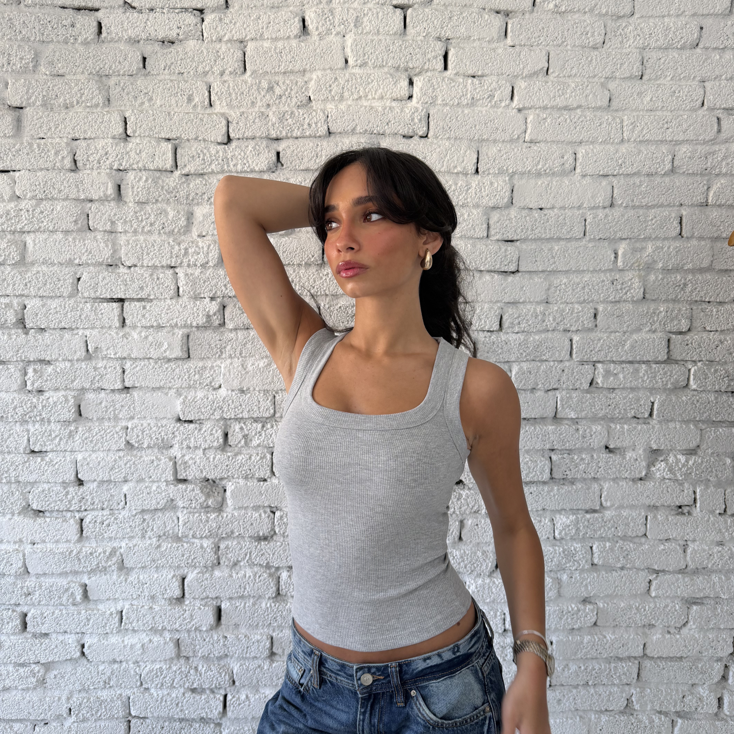 Gray Round Wide Ribbed Tank Top