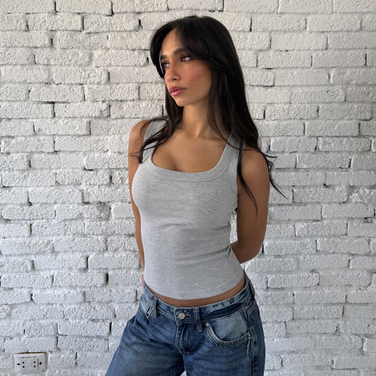 Gray Round Wide Ribbed Tank Top