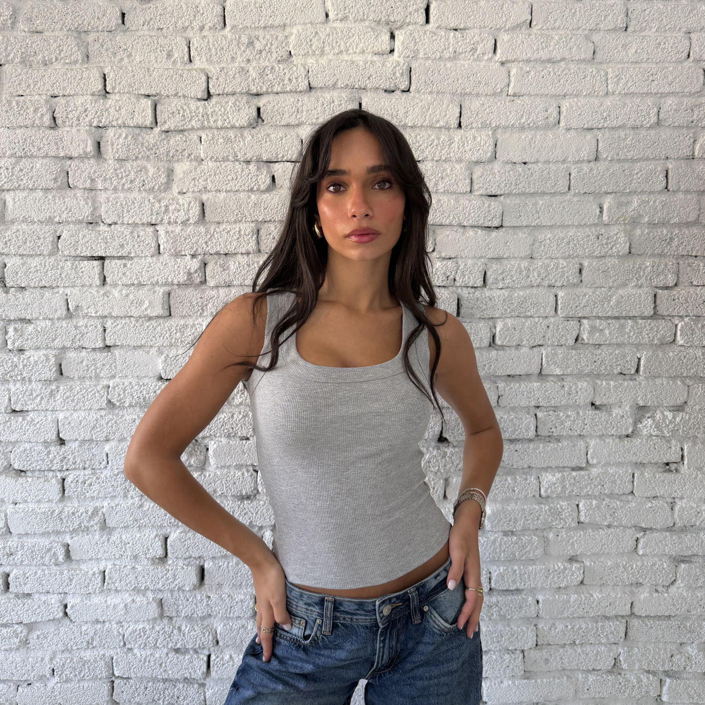 Gray Round Wide Ribbed Tank Top