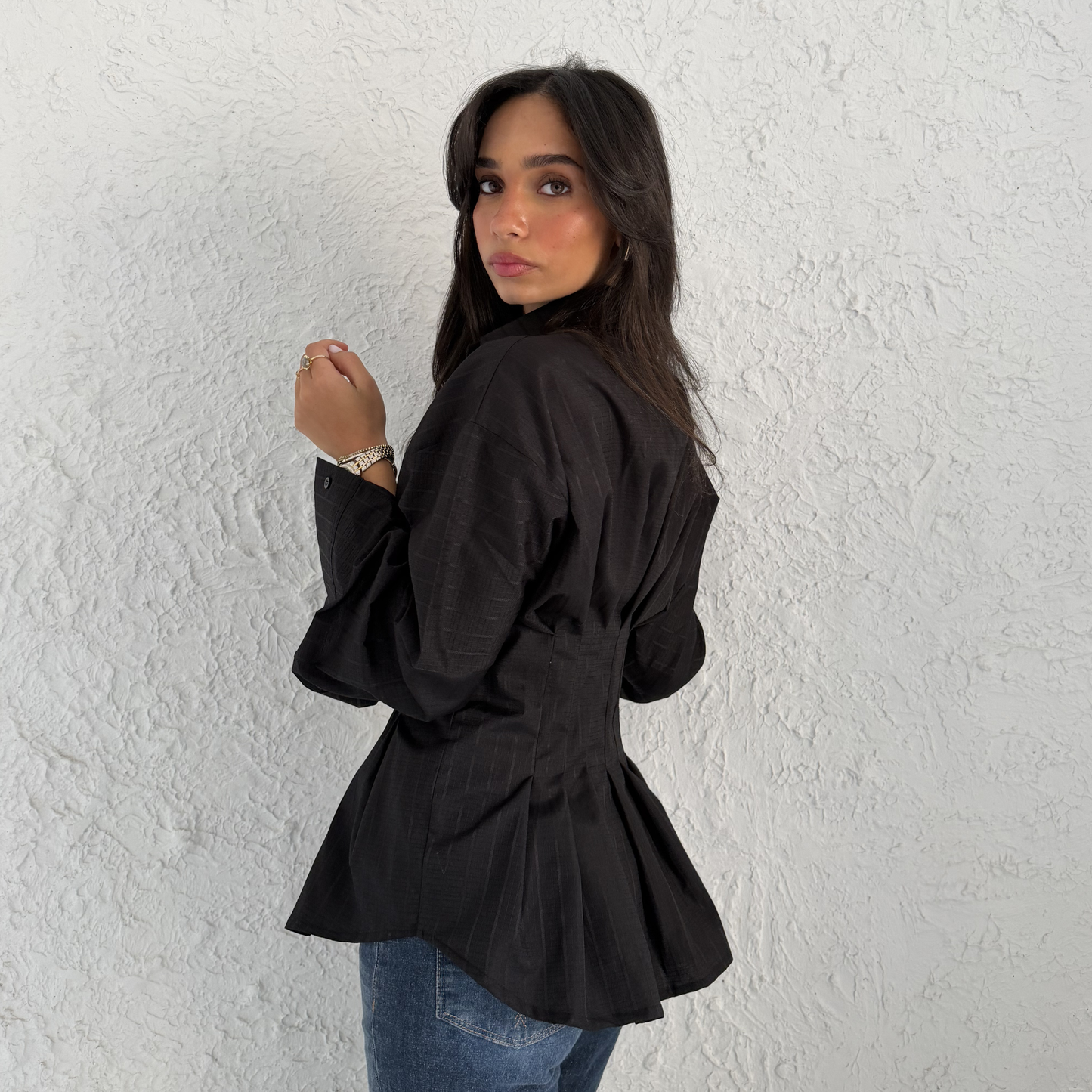 Black Sculpted Waist Striped Shirt