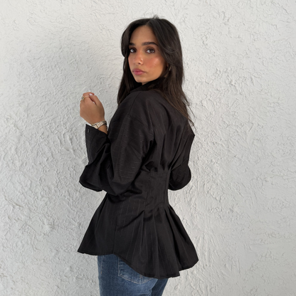 Black Sculpted Waist Striped Shirt