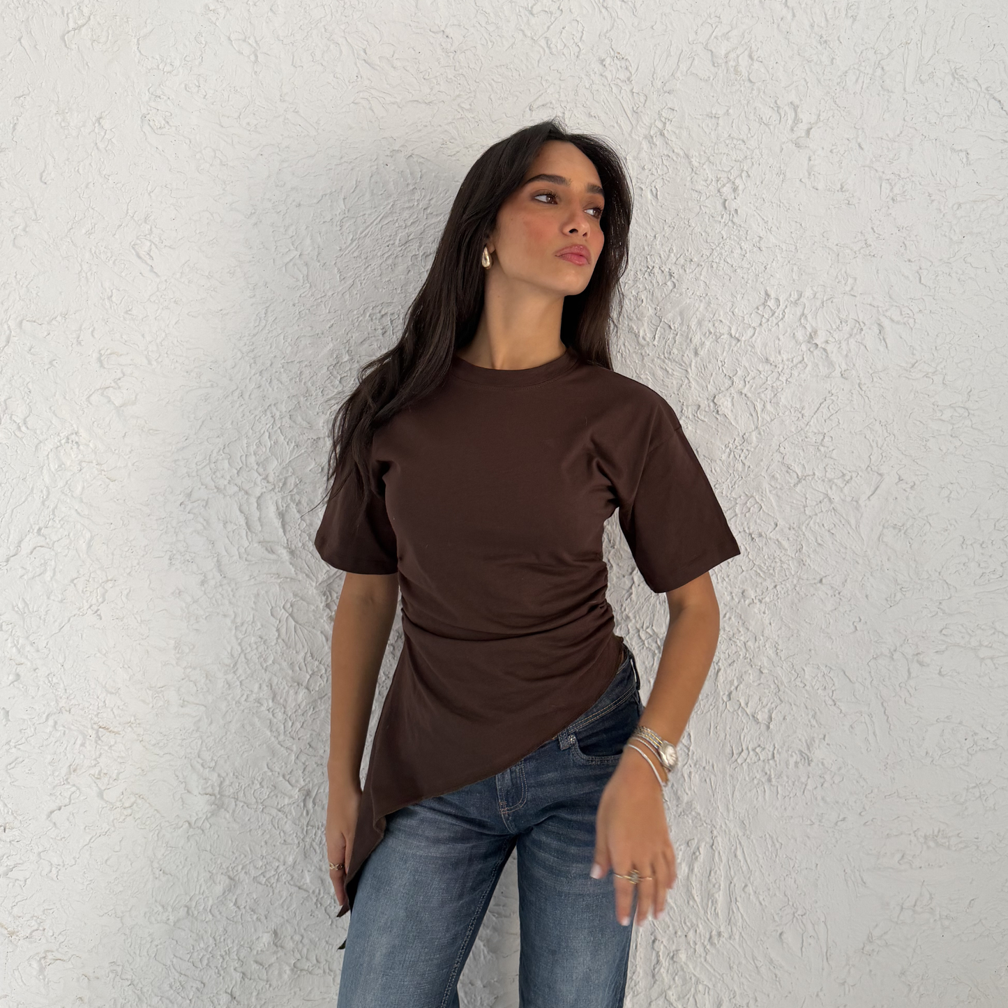 Brown Crew-Neck T-Shirt with Ruched Drawstring Sides