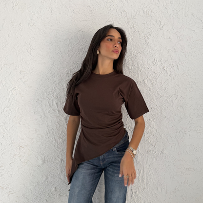 Brown Crew-Neck T-Shirt with Ruched Drawstring Sides