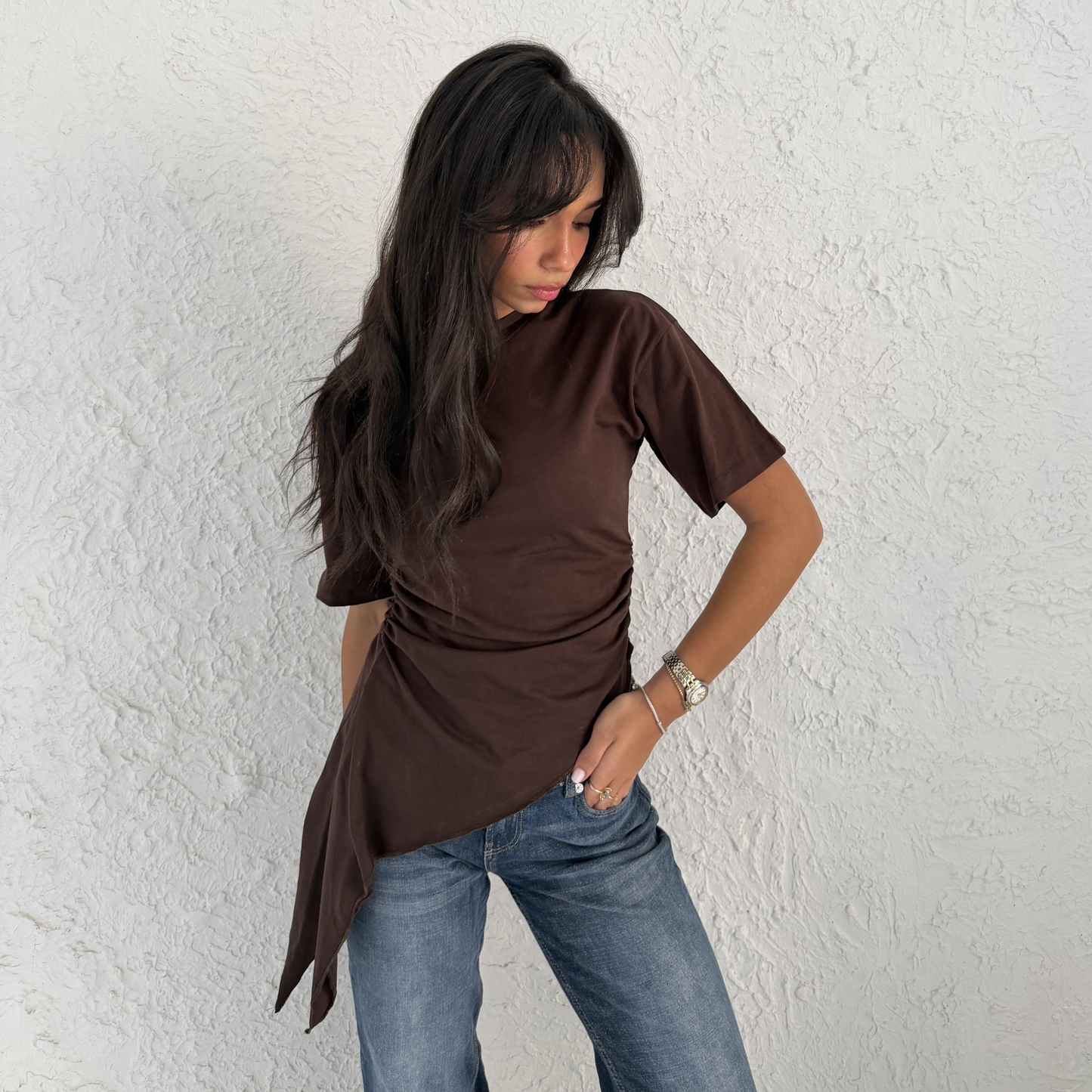 Brown Crew-Neck T-Shirt with Ruched Drawstring Sides