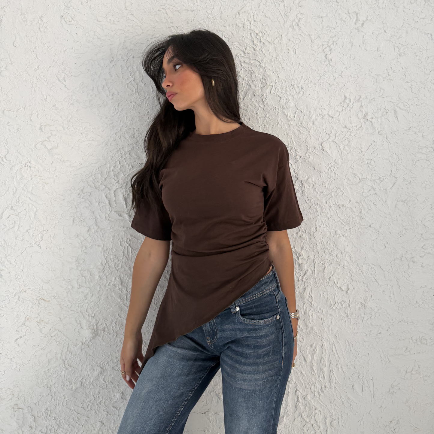 Brown Crew-Neck T-Shirt with Ruched Drawstring Sides