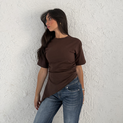 Brown Crew-Neck T-Shirt with Ruched Drawstring Sides