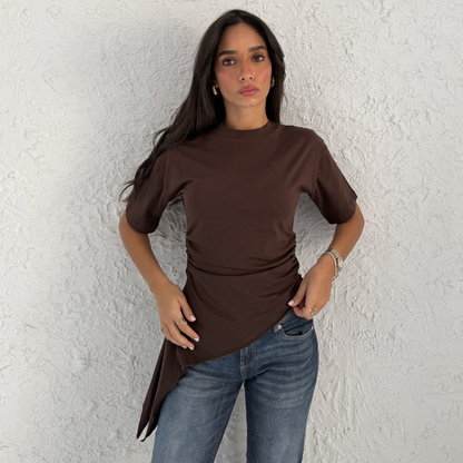 Brown Crew-Neck T-Shirt with Ruched Drawstring Sides