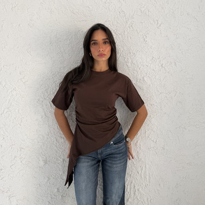 Brown Crew-Neck T-Shirt with Ruched Drawstring Sides