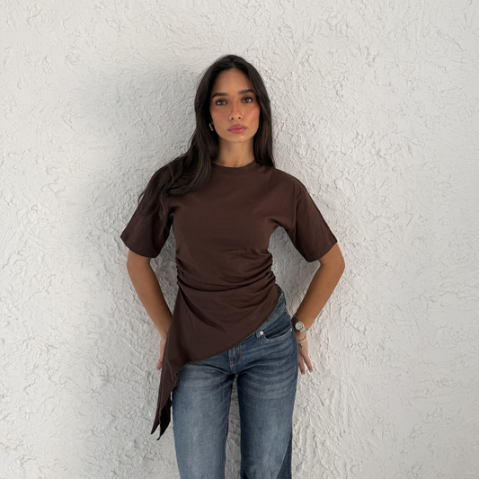 Brown Crew-Neck T-Shirt with Ruched Drawstring Sides
