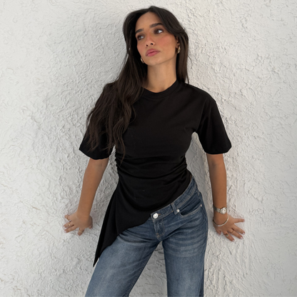 Black crew-neck T-shirt with Ruched drawstring sides