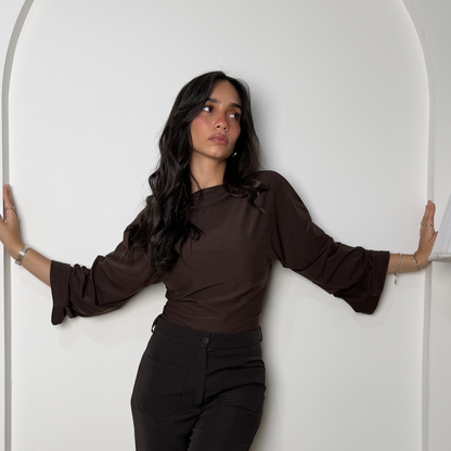 Brown Sculpt Flare Sleeve Top