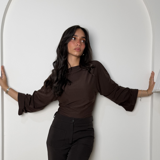 Brown Sculpt Flare Sleeve Top