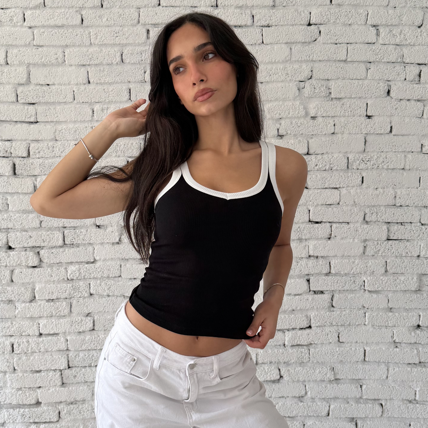 Black &White Ribbed V- tank top