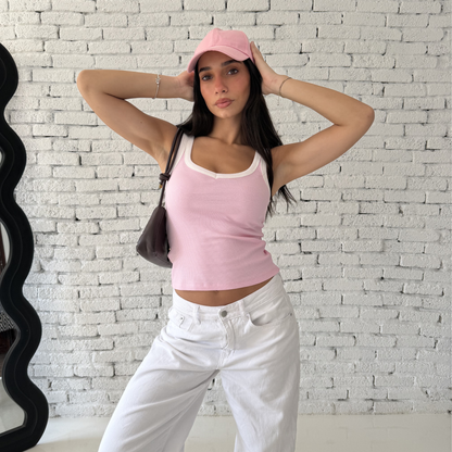 Pink & White Ribbed V-Tank top