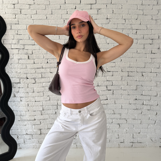 Pink & White Ribbed V-Tank top