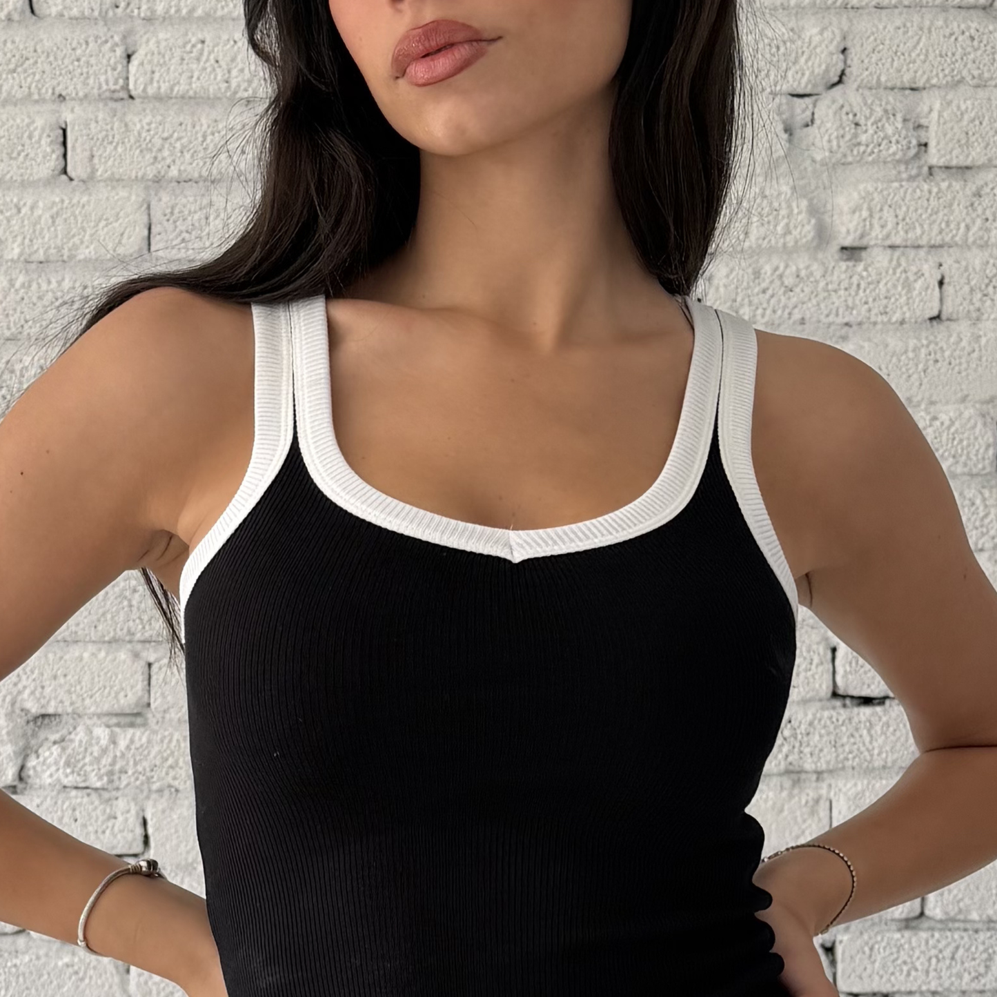 Black &White Ribbed V- tank top