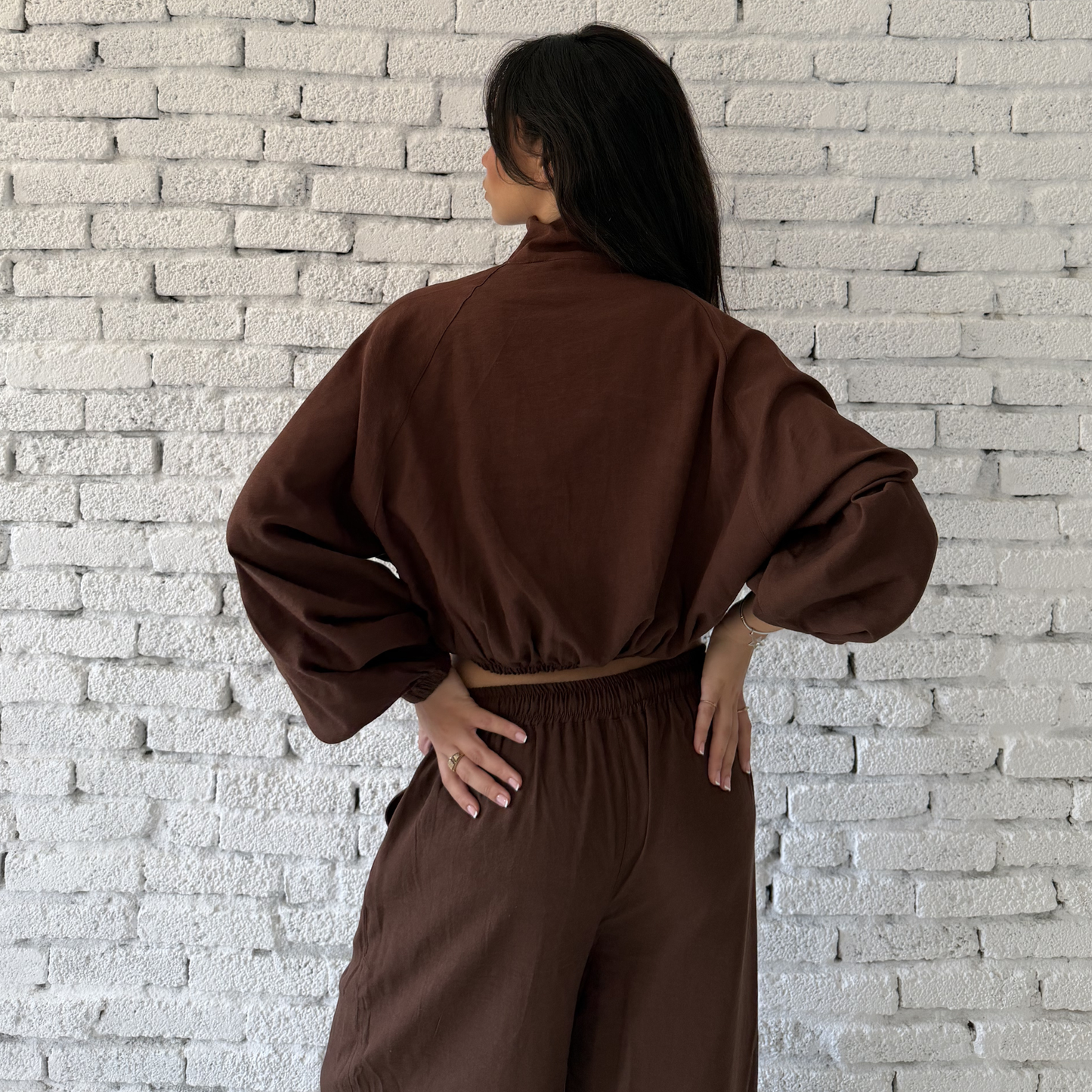 Brown Zip-Up Summer Linen Jacket