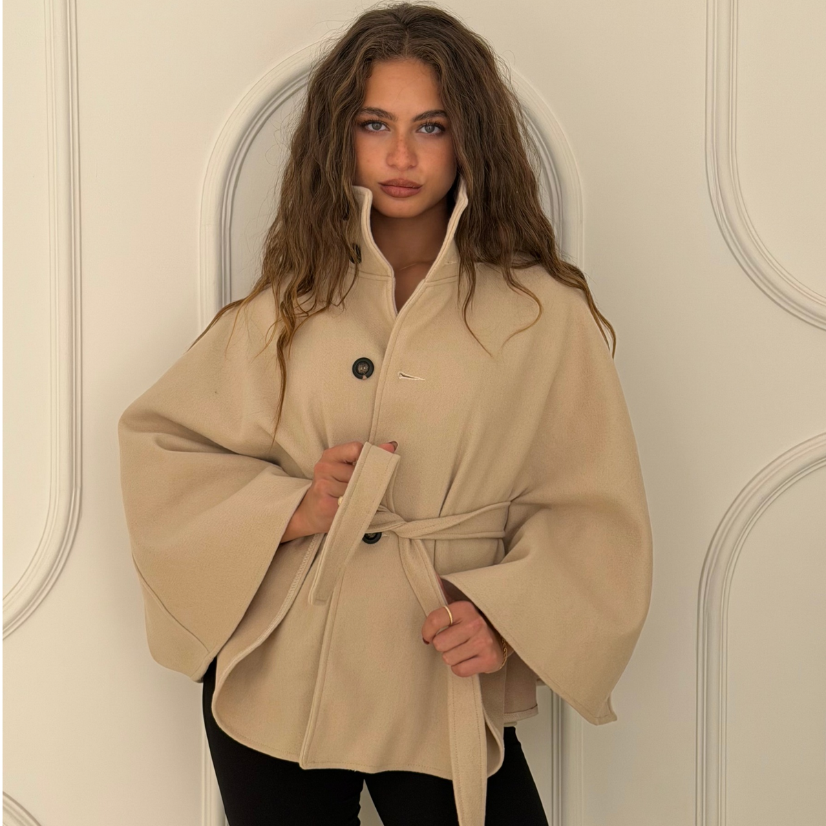 Beige Neck Funnel Belt Cape