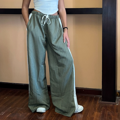 Olive Striped Wide-Leg Drawstring Pants