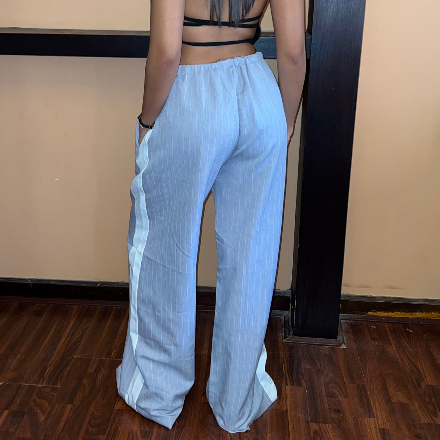 Grey Striped Wide-Leg Drawstring Pants