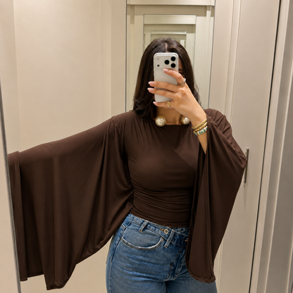 Brown Draped Kimono Sleeve Top