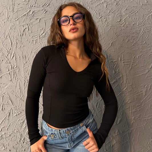 Black Collar Basic Long Sleeve Top
