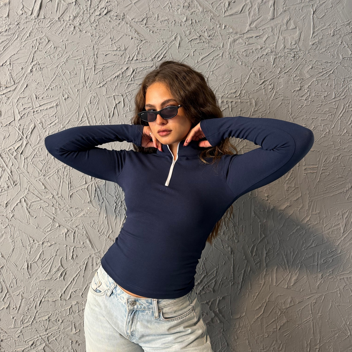 Navy Basic  Zipper  Long sleeve Top