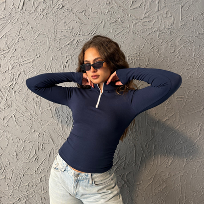 Navy Basic  Zipper  Long sleeve Top