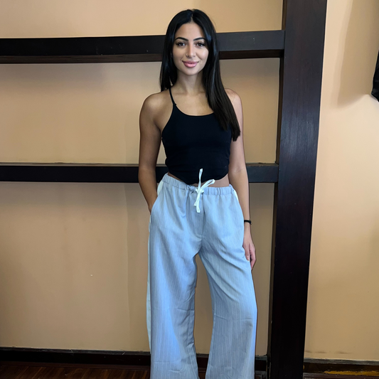 Grey Striped Wide-Leg Drawstring Pants