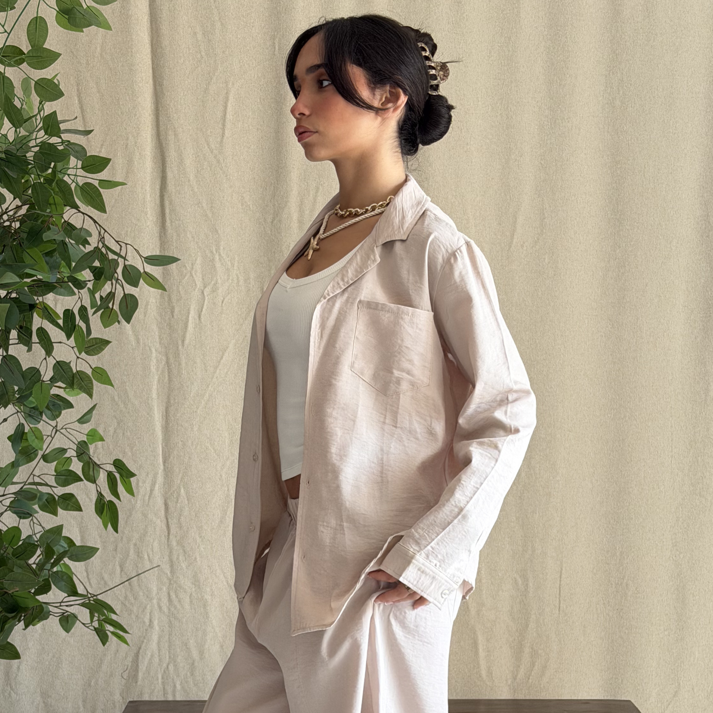 Beige Linen Relaxed-Fit Shirt