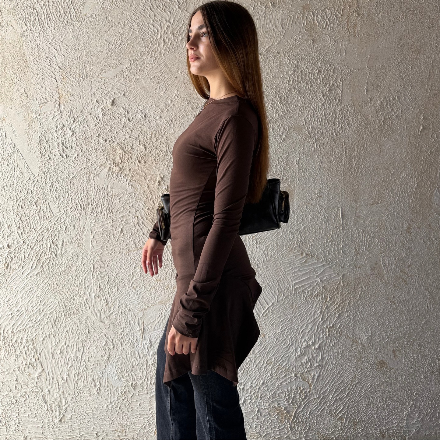 Brown Long Sleeves Draped Top