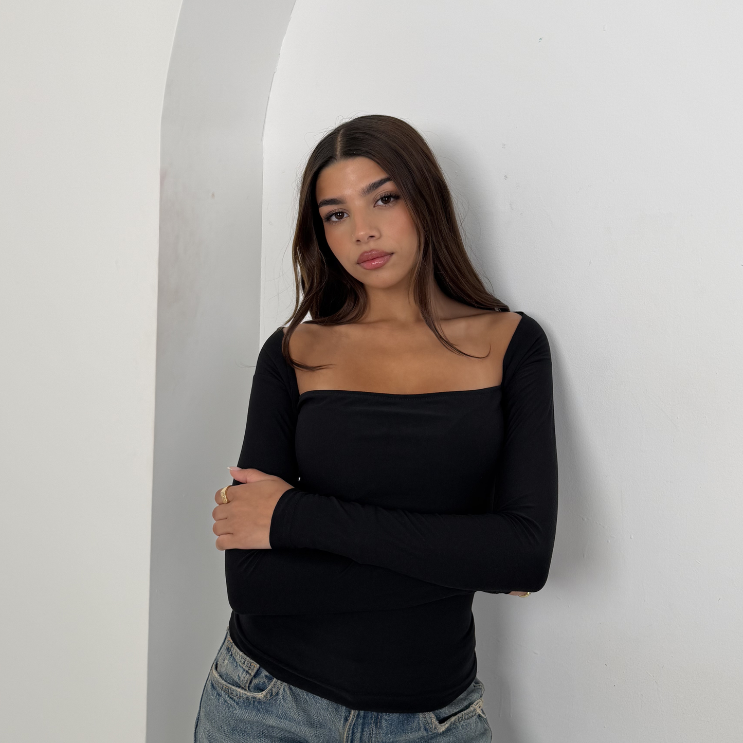 Black Long Sleeve Bandeau Top