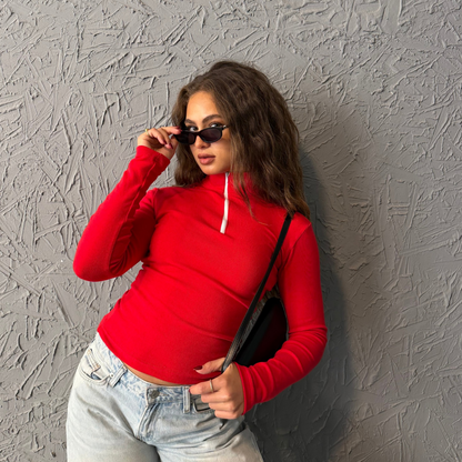 Red Zipper Basic Long Sleeves Top