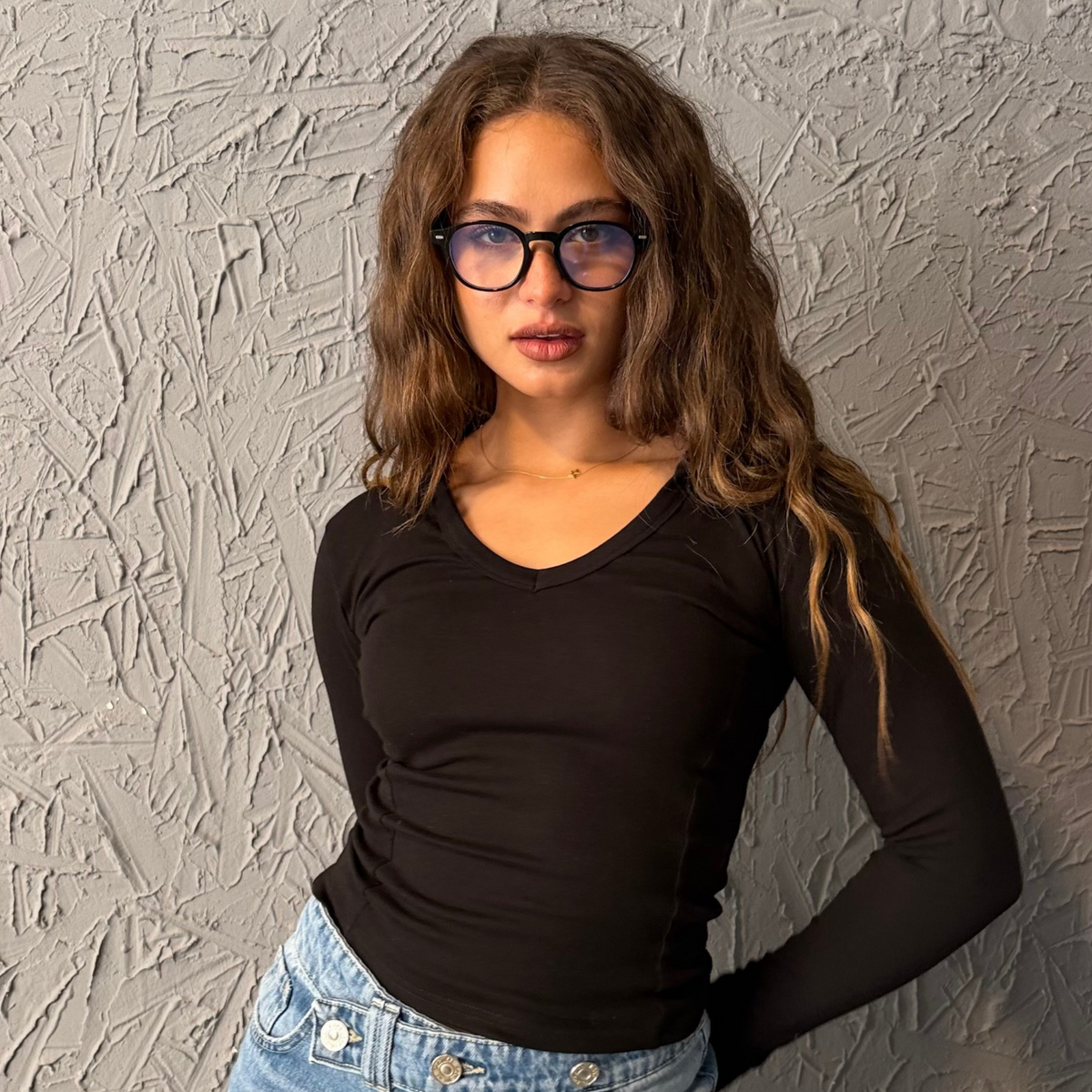 Black Collar Basic Long Sleeve Top
