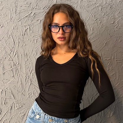 Black Collar Basic Long Sleeve Top