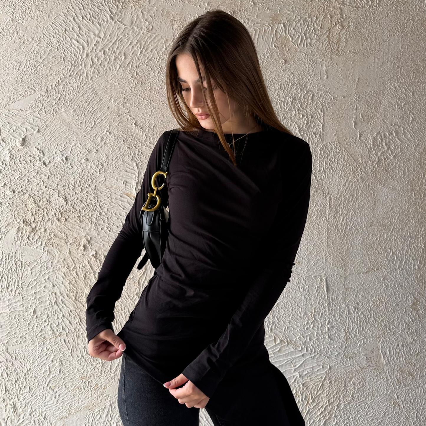 Black Long Sleeves Draped Top