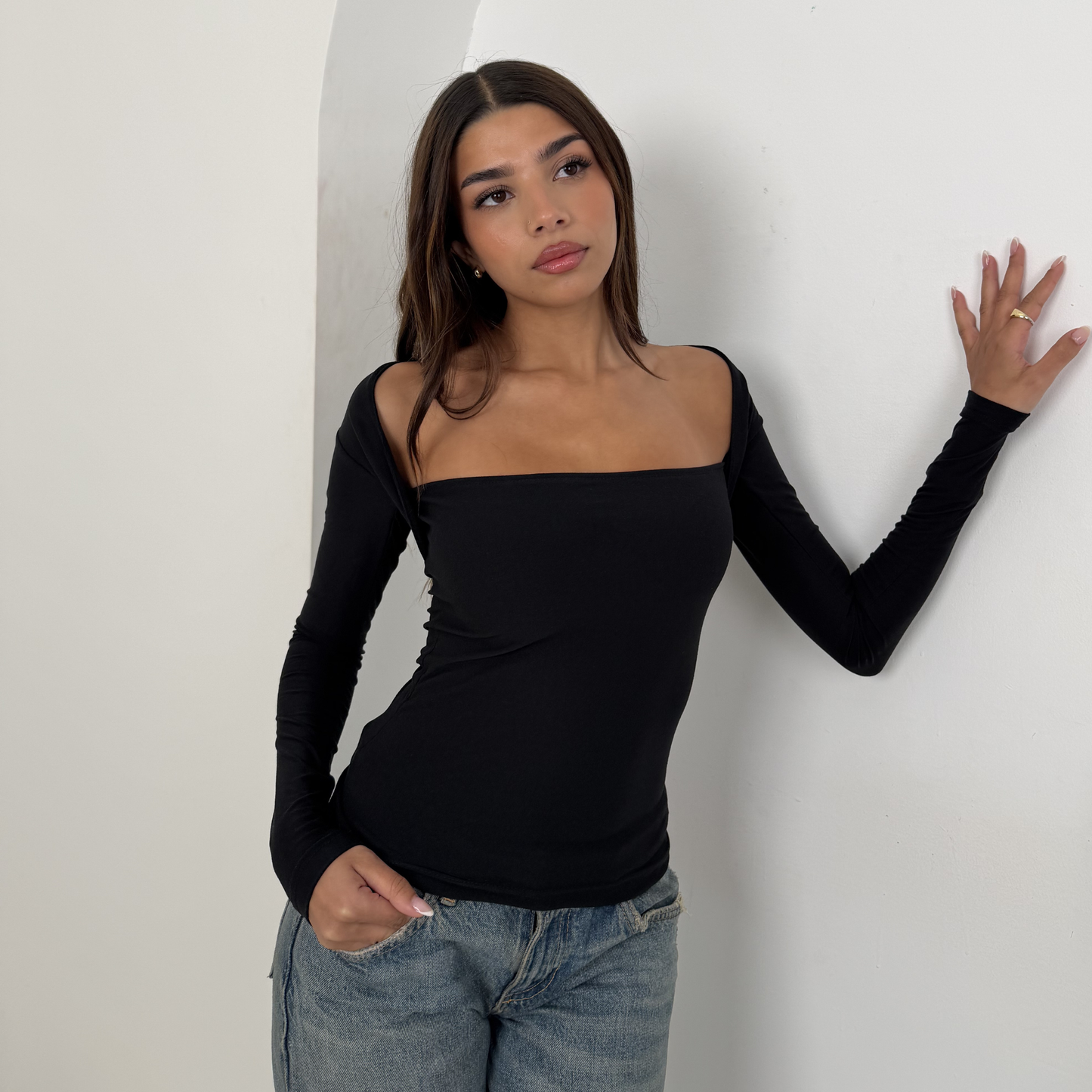 Black Long Sleeve Bandeau Top