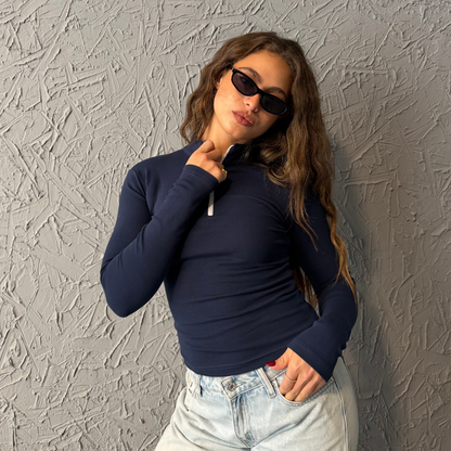 Navy Basic  Zipper  Long sleeve Top